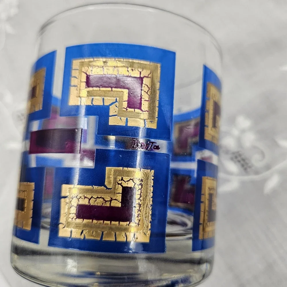 Vintage Berta MCM Rocks Glass Blue Purple Gold Greek Key‎ Geometric Barware